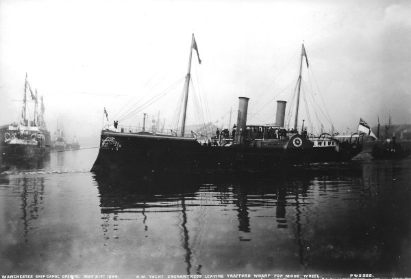 image Manchester Ship Canal Opening, May 21st 1894. H.M. Yacht Enchantress leaving Trafford Wharf for Mode Wheel