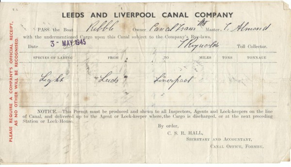 image canal permit 'ribble' 1945