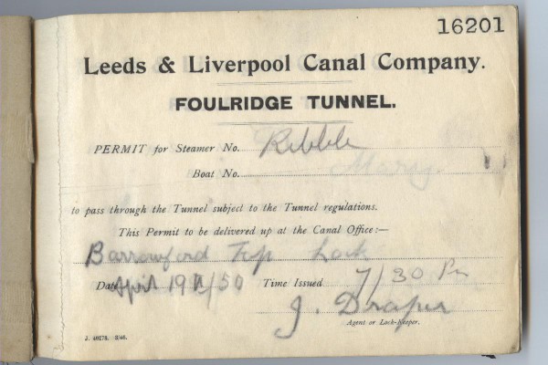 image foulridge tunnel permit,'ribble',1950